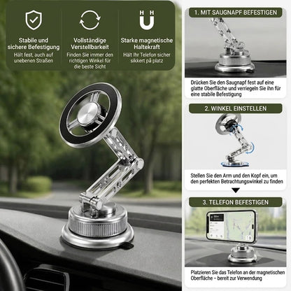 Vollmetall-Autohalterung für Smartphones mit bärenstarkem Magneten & Saugnapf