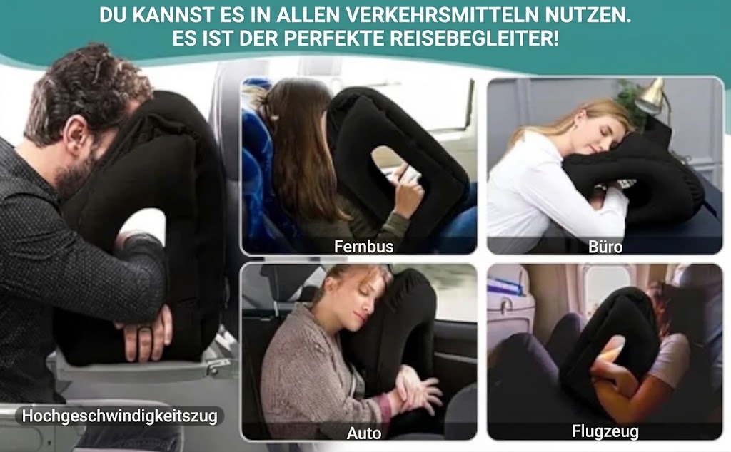 Aufblasbares ergonomisches Reisekissen – Kompaktes und tragbares Nackenkissen für Flugzeug, Zug und Auto