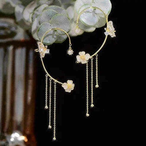 Schlichte Clip-On-Ohrringe mit Schmetterlings- und Blumenmotiven sowie Quasten – Elegant, komfortabel und ganz ohne Ohrlöcher tragbar