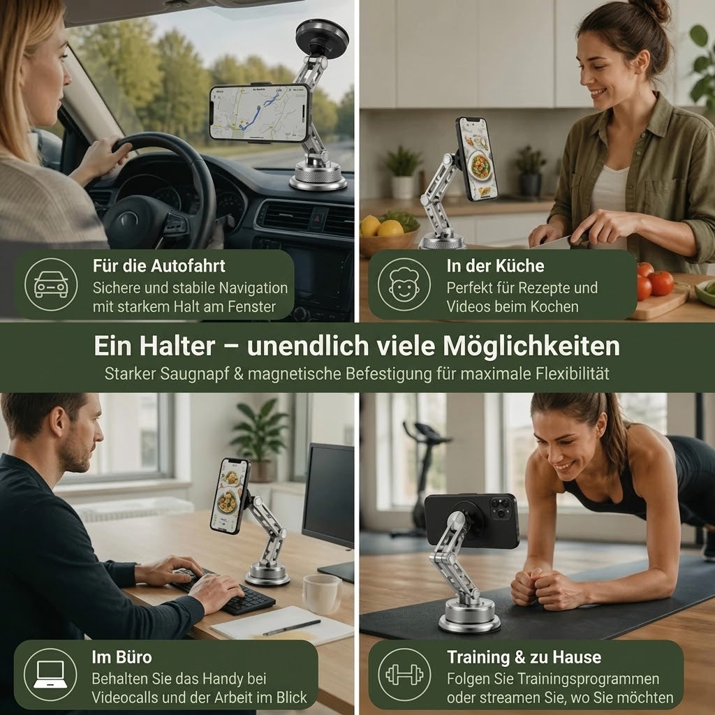 Vollmetall-Autohalterung für Smartphones mit bärenstarkem Magneten & Saugnapf