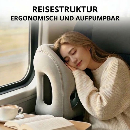 Aufblasbares ergonomisches Reisekissen – Kompaktes und tragbares Nackenkissen für Flugzeug, Zug und Auto