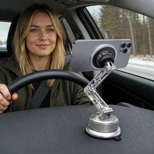Vollmetall-Autohalterung für Smartphones mit bärenstarkem Magneten & Saugnapf