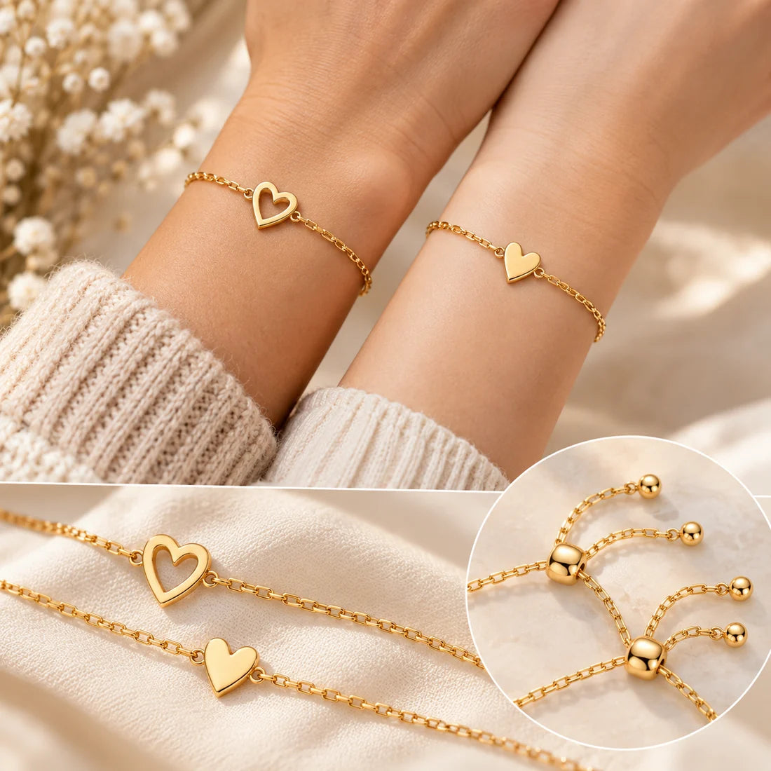 Herz-Armband-Set – 14K vergoldetes Herzarmband