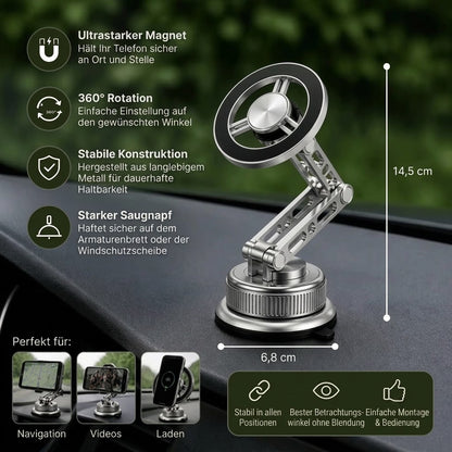 Vollmetall-Autohalterung für Smartphones mit bärenstarkem Magneten & Saugnapf