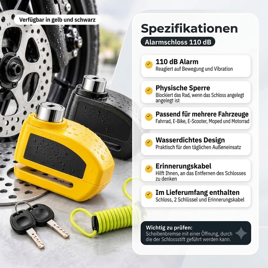 110 dB Alarm-Bremsscheibenschloss – Bremsscheibenschloss für Fahrräder, Mopeds und Motorräder