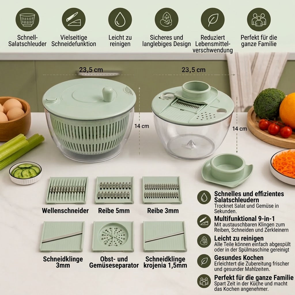9-in-1 Manueller Zerkleinerer für Salate und Gemüse mit Schleuderfunktion