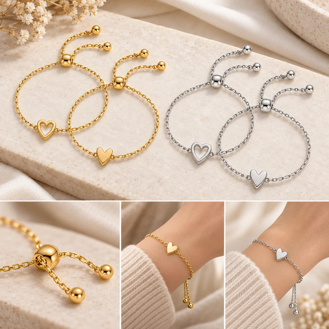 Herz-Armband-Set – 14K vergoldetes Herzarmband