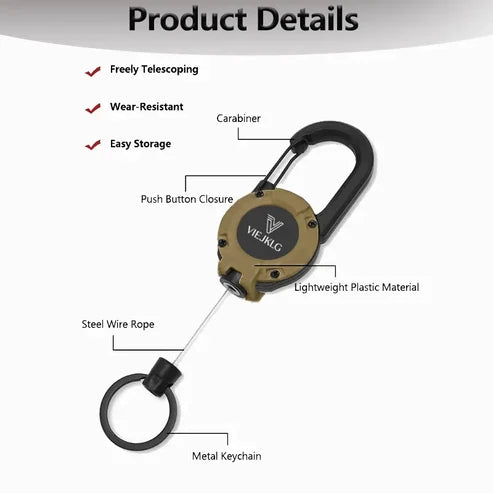 Ausziehbarer Schlüsselanhänger mit Karabiner - 65 cm Stahlseil, leicht und langlebig