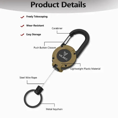 Ausziehbarer Schlüsselanhänger mit Karabiner - 65 cm Stahlseil, leicht und langlebig
